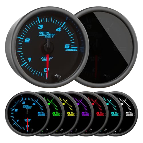 GlowShift Tinted 7 Color 5,000 RPM Diesel Tachometer Gauge - for 4, 6, 8 Cylinder Diesel Engines - Mounts in Custom Dashboard - Black Dial - Smoked Lens - 3-3/8