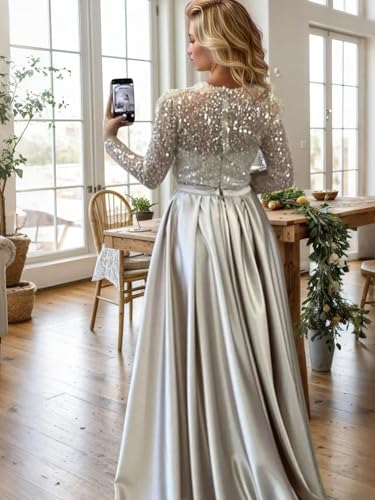 Sexy Mermaid Sequin Evening Gown Dress Luxury Long Sleeves Floor Length Illusion Neck Pearls Overskirt Dress 20253