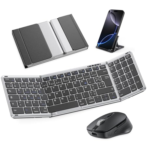 OMOTON Clavier et Souris sans Fil Pliable avec Pavé Numérique, Clavier Bluetooth AZERTY Rechargeable, Pleine-Taille Portable Keyboard pour Android Windows...