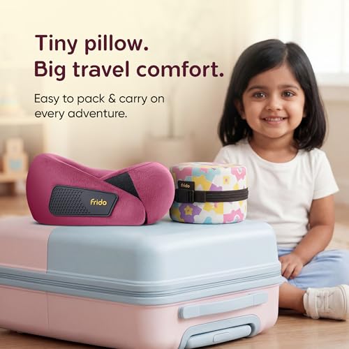 Image of Frido Kids Memory Foam Travel Neck Pillow with Travel Pouch | 360 Chin & Neck Support for Comfortable Sleep | Adjustable Velcro Straps | Ideal for Car, Flight & Road Trips | Wine