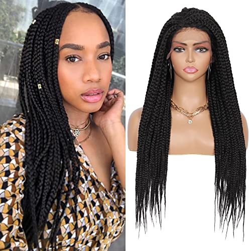 Olymei 29'' Lace Front Braided Wigs for Black Women Side Parted Box Braids Wig with Baby Hair Synthetic Natural Looking Black Cornorw Twist Braided Wig