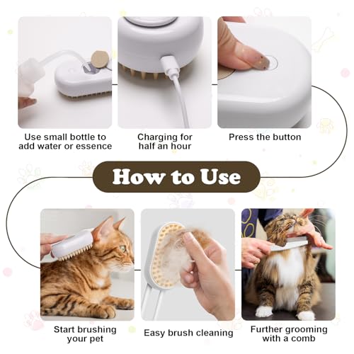 Image of 3-in-1 Cat Steam Brush for Shedding, Massaging & Grooming, Rechargeable, Misty Brush for Cats & Dogs, White, 3 Count