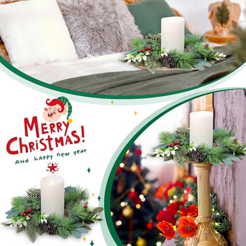 Image of 6 PCS Christmas Candle Rings Wreaths Small Christmas Norfolk Pine Wreaths with Berries Pinecone Mini Snowy Pine Wreath Cedar Candle Ring Holder for Table Centerpiece Cabinets Fireplace Windows Door