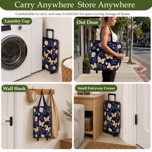 UXMEP Rolling Shopping Tote Bag with Wheels, Foldable Grocery Cart Bag, Collapsible Utility Tote for Market, Shopping, Laundry & Travel, Stylish Patterned Gift for Women, Mom & Seniors, BUTTERFLY, S - Image 7
