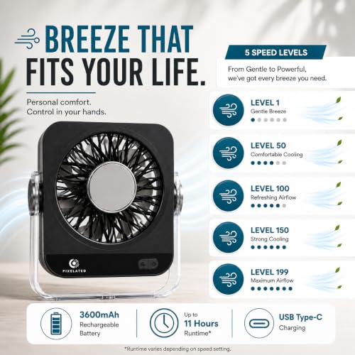Image of Pixelated Rechargeable Fan for Home, 5 Speed Levels, 3600mAh Battery