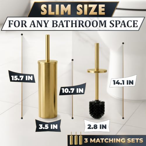 Image of Gold Toilet Brush and Holder Set of 3, Brushed Gold, Satin Finish