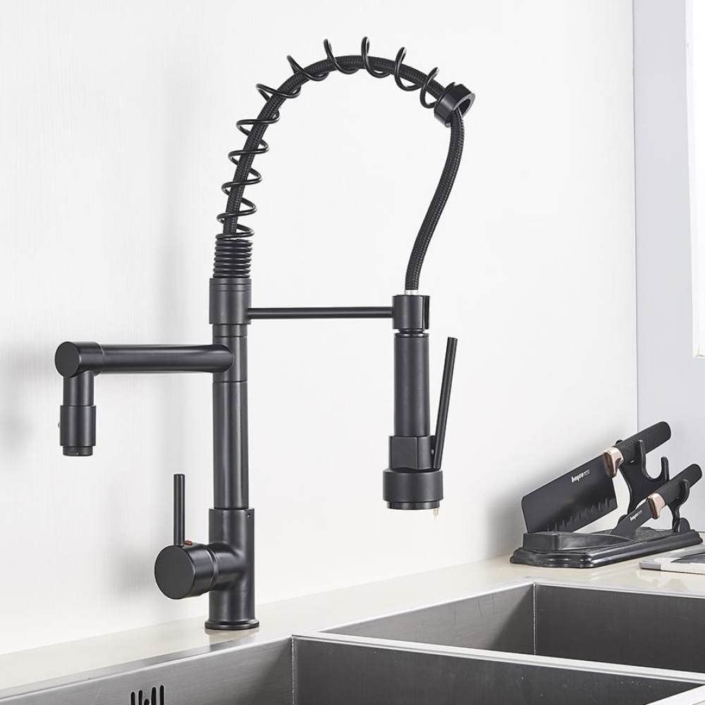 MXXQRHF Matte Black Finish Dual Spout Kitchen Sink Faucet Deck Mount Spring Kitchen Mixer Tap Kitchen Hot and Cold Water tap,Matte Black B