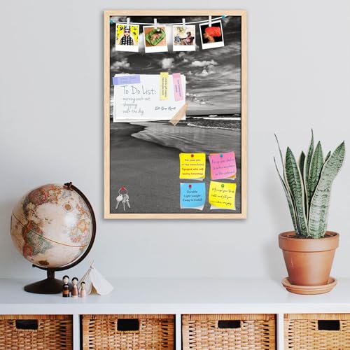 Image of ArtzFolio Sea, Air, & Land Monochrome Contrast | Bulletin Board Notice Pin Board | Vision Soft Board Combo with Thumb Push Pins & Sticky Notes | Natural Brown Frame | 20 x 30 inch (51 x 76 cms)