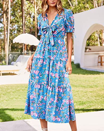 Btfbm Women's 2023 Summer Boho Dress Tie Front Deep V Neck Cutout Short Sleeve Floral Casual Party Beach Maxi Dresses(Floral Blue Pink, Large) #TOP1