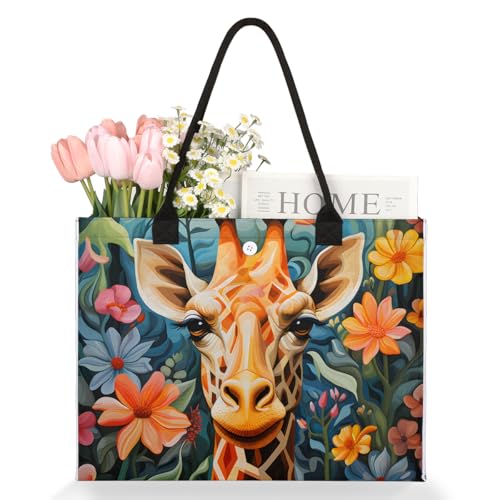 Giraffe Yellow Flower Tote Bag for Women Large Beach Bag Reusable Tote Bags for Work Travel Beach Shopping3