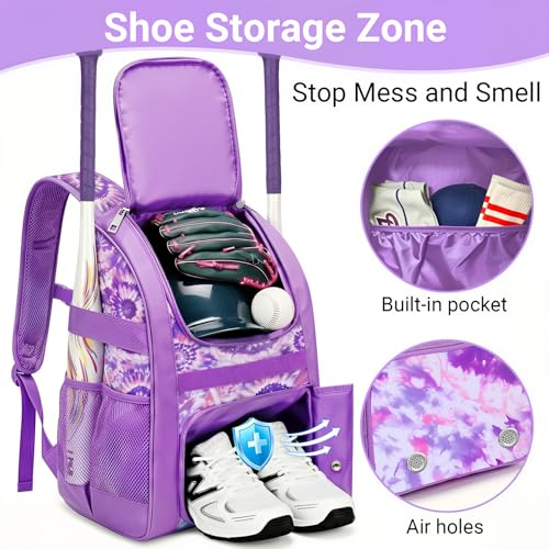 Image of Youth Baseball Bag - Softball Bag for Girls & Boys with Shoes Compartment, Bat Backpack for Baseball, T-Ball & Softball Equipment