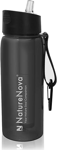 Naturenova Botella de filtro de agua con filtro integrado de 4 etapas, sin BPA, para camping, senderismo, mochileros, emergencia y viajes, color
