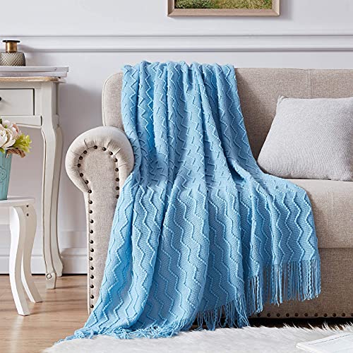 Nexhome Throw Blanket For Bed Blue Decorative Knit Blanket With Tassel Fringe Soft Lightweight Zigzag Textured Boho Throws (50"X60" Sea Blue) #TOP1