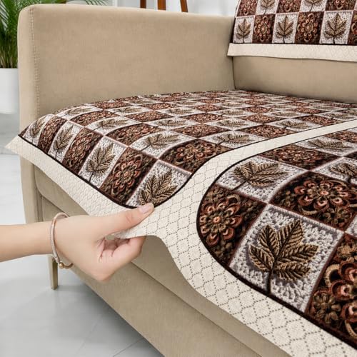 Image of Homerz Premium 'Maharaja Paradise Series' Sofa Cover | Net Fabric Sofa Cover | Washable, Anti-Dust Backed & Wrinkle Resistant Cover (Leafy Checks, 7 (3+2+2) Seater, Seat Cover with Backrest)
