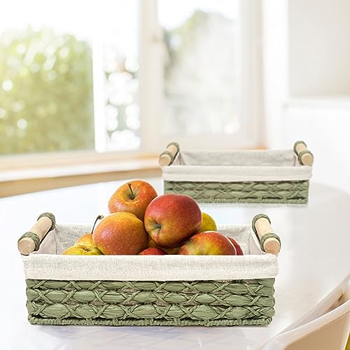 Storage Basket Wicker Baskets for Organizing with Handle Decorative Storage Bins for Countertop Toilet Paper Storage Basket for Toilet Tank Top Small Baskets Set (Set of 2,Green) - Image 3