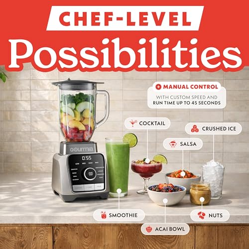 Image of Gourmia Countertop Blender - 8 Blend Programs, 4 Speeds, Pulse and Manual Mode, 56oz Pitcher, Digital Display with Integrated Timer, Round-Plated Tamper, Dishwasher-Safe Parts
