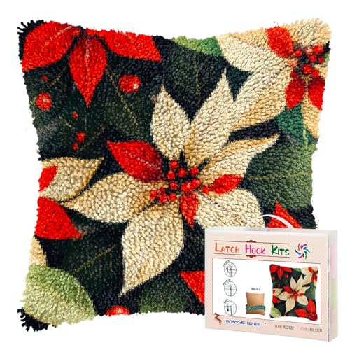 Latch Hook Pillow Kits for Adults Merry Christmas Flowers Poinsettia DIY Pillow Cover Printed Pillowcase Crochet Yarns Hooking Handmade Cushion for Home Sofa Decoration 17x17inch(8)
