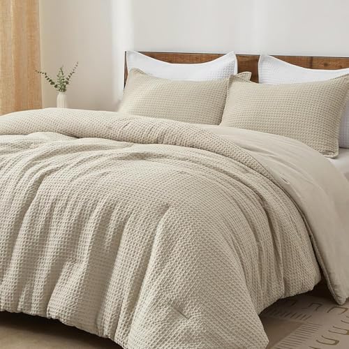 PHF Ultra Soft Waffle Weave Comforter Set King Size 3 Pieces Lightweight Breathable Comfy Bedding Set Comfy Textured 1 Comforter with 2 Pillow Shams Linen