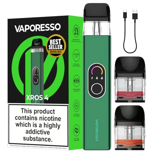 Vaporesso Xros 4 Vape Kit [Green] - [10 COLOURS] - 1000mAh Battery 2A Fast Charge (30 Min) 30W Output Triple Power Levels Anti-Leak - Works with XROS Pods - No Nicotine