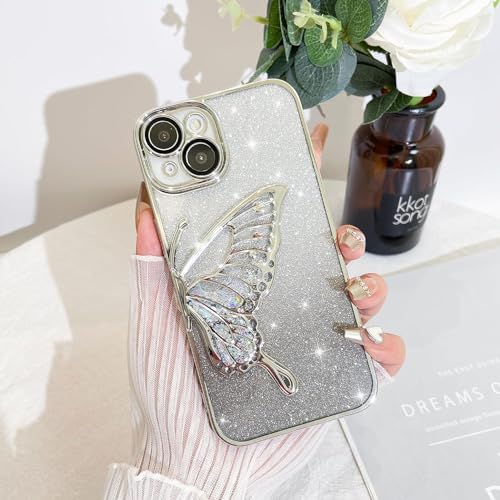 Image of SHINESTAR 3D Butterfly Case for iPhone 13 Cover, Cute Girly Glitter Bling Luxury Back Cover for Women Girls Protective Shockproof Slim Camera Protection (or iPhone 13 - Silver
