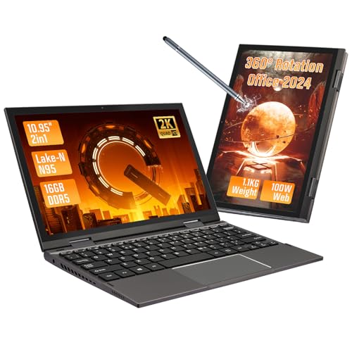 LONGEVINCE Mini Laptop,computer portatile ultra-sottile da 10,95 pollici con touchscreen,rotazione a 360°,Celeron N95, 2000x1200,16GB DDR5, layout tastiera italiana (Grigio, 16+960G SSD)