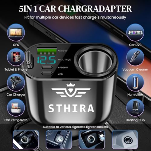 Image of 5 in 1 Car Cigarette Lighter Splitter with Retractable USB C Charging Cable, LCD Real Time Voltage Display, Dual PD 30W Type C Ports, USB A Port Universal 12V /24V Car Cigarette Lighter Charger