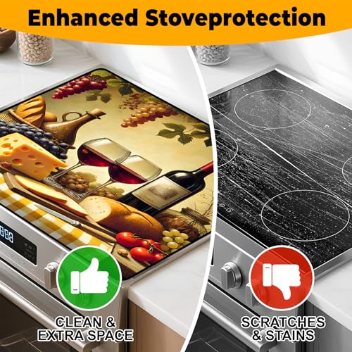 Image of Wine and Food Stove Top Cover Retro Flower Gas Stove Top Cover for Home Decoration Kitchen Pad Non-Stick Washable Cooktop Covers Countertop Protector Keep Stove Clean 28 inchx20 inch