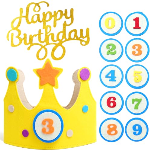 BORISCA Corona Cumpleaños 1 Año,Corona para Cumpleaños con Números Intercambiables del 0 al 9, Gorro Fieltro Niño Fiesta Gorro Cumpleaños con Ajustable Aniversario Años Para Niños y Niñas (A)