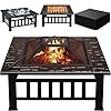 Greesum multifunctional patio fire pit table 32in square metal bbq firepit stove backyard garden fireplace with spark screen lid and rain cover for camping outdoor heating bonfire and picnic black  urban country home decor