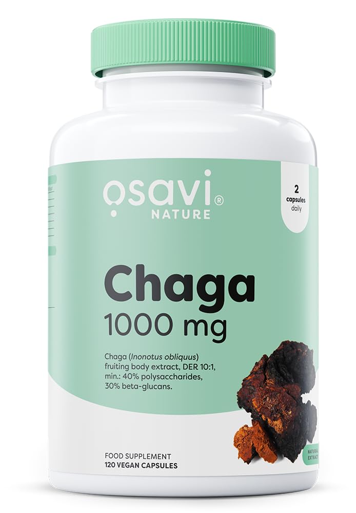 OSAVI Chaga Mushroom Extract Capsules, 1000mg, 120 Vegan Caps, Standardised 40% Polysaccharides and 30% Beta-glucans, Clean Label, Made in Poland