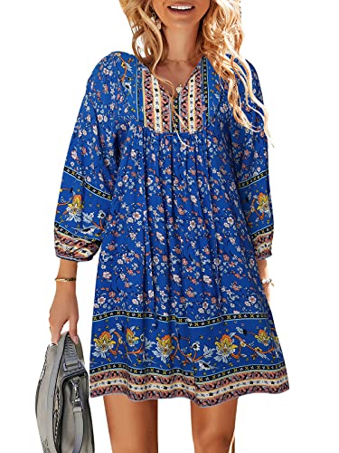 TEMOFON Women's Boho Mini Dress: Summer Floral 3/4 Long Sleeve V Neck Flowy Loose Casual Beach Dresses