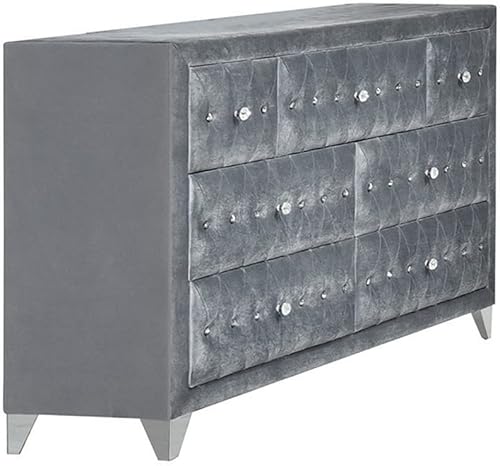 Elountik Cómoda tapizada de terciopelo de lujo con 7 cajones de almacenamiento y patas cromadas para dormitorio, terciopelo gris (aparador)