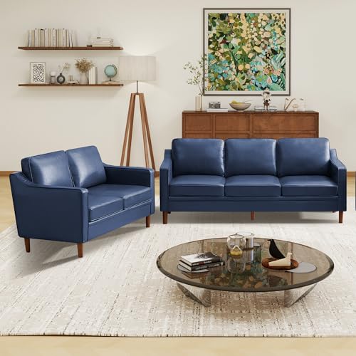 Image of Kingfun Couch Sets for Living Room, 3 Seater Couch and Loveseat, Mid Century Modern Sofa Set, Faux Leather Couch with Solid Wood Frame for Bedroom