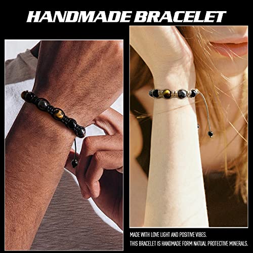 Triple Protection Bracelet,Genuine Tigers Eye Black Obsidian and Hematite Beads Bracelet for Men Women,Handmade Crystal Healing Bracelets Bring Luck and Prosperity and Happiness3