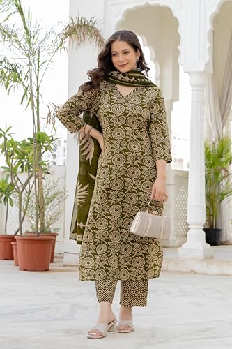 Image of Rangnavi Women's Pure Cotton Printed Straight Kurta with Pants and Dupatta Set | Ethnic Set | Suit Set | Kurta Set
