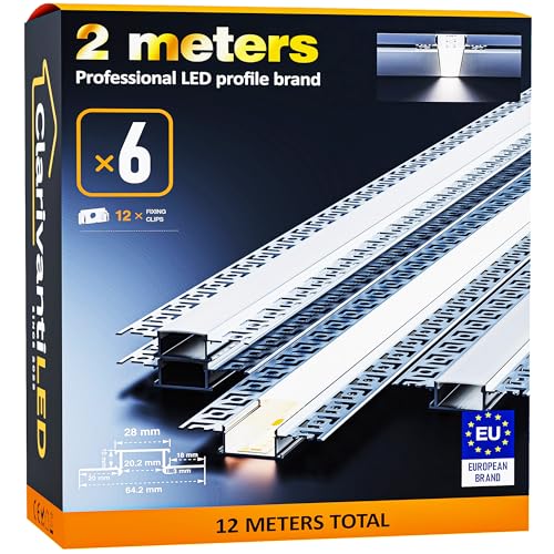 ClarivantiLED 2m×6 Profilé LED Encastrable 2m Aluminium pour Ruban LED Goulotte Diffuseur Rail Plafond Couvercle Transparent, Profilé Transparent pour Bande...