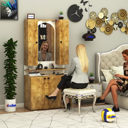 Image of Anikaa Opulex Engineered Wood Dressing Table with Mirror Cabinet, LED Lights, Storage Shelves & Back Panel - Wall Mounted Makeup Vanity & Organizer for Bedroom -(Gaintwood /White) DIY Installation