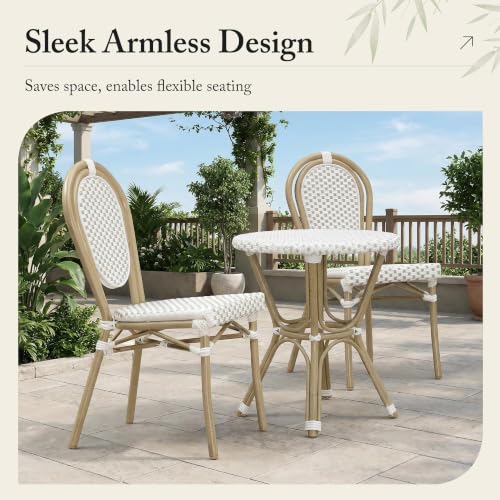 Image of PURPLE LEAF Patio Dining Chair Set of 2 Outdoor French Aluminium Frame in Champagne Finish with White & Gray Woven Rattan for Indoor Kitchen Deck Bistros Cafe Restaurant