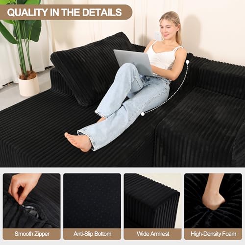 Image of L Shaped Modular Boneless Sectional Couches for Living Room, Wide Armrest, Deep Seat, Memory Foam, Assembly Free, Modern Comfy Corduroy Fluffy Cloud Sofa with Left Chaise, Black