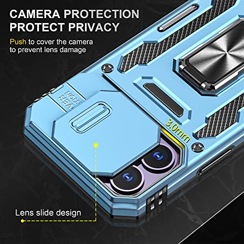 Image of Polycarbonate Slide Camera Cover with Ring Holder Mobile Phone Back Cover for iPhone 14 Pro (Blue)