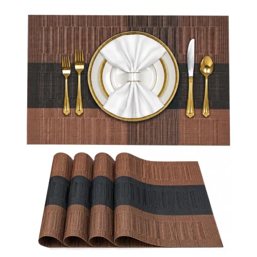 Image of Solitude Set of 4 Dining Table Placemats | Non-Slip PVC Table Mats, Heat Resistant, Washable, Stain-Resistant Surface, (Brown & Black, 45 x 30 cm)