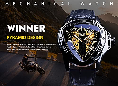 Image of Winner Fashion Mechanical Wrist Watch Triangle Racing Dial, Waterproof Golden Skeleton Dial Automatic Movement Leather Design Mechanical Watch for Men