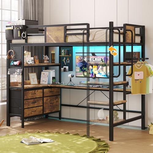 Loft Bed with Desk,Twin Loft bed with Desk & LED Lights and Charging Station,Bunk Bed with Desk & 5 Large Drawer Cabinets and 2 open Shelves,Loft Bed Twin Size with Safety Guard Ladder,Vintage Brown