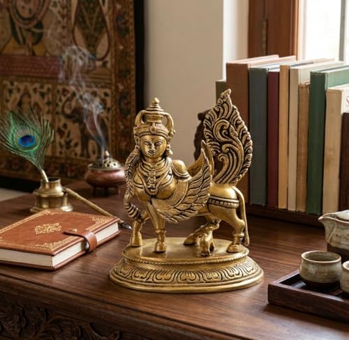 Image of 6-Inch Brass Kamdhenu Cow with Calf Statue - Traditional Sacred Wish-Fulfilling Surabhi Gaumata Murti for Home Temple Mandir, Living Room, and Office Decor - Weight 1350 Grams