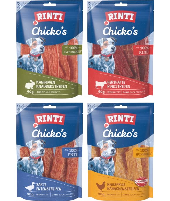 arelf Bundle RINTI Chickos Hundesnacks Mix 4 Sorten 300g | luftgetrocknete Fleischstreifen als Trainingssnack & Belohnung | ohne Zucker & Soja | 60g Rind 60g Kaninchen 90g Huhn 90g Ente