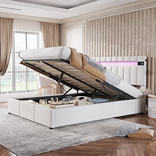 Polsterbett 140x200 cm mit LED Beleuchtung & Hydraulisch Bettstauraum,...