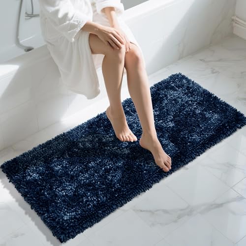Image of Yimobra Long Bathroom Rugs Runner 55x24 Inch, Extra Thick Soft Absorbent Chenille Bath Mat, Non Slip Machine Washable, Quick Dry Bath Rugs for Bathroom Floor, Tub and Shower, Peacock Blue