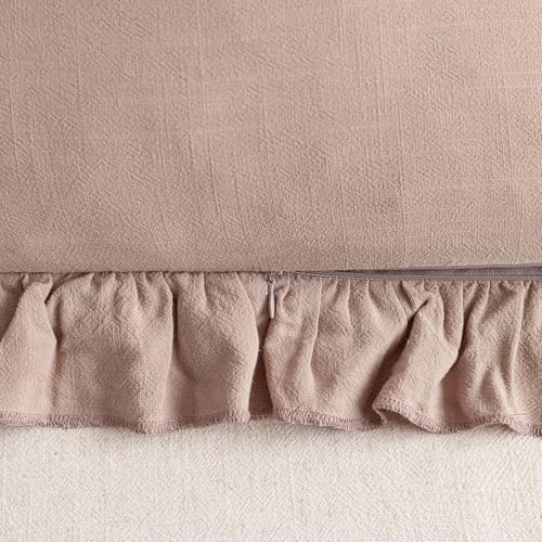 Image of Foindtower Set of 2 Decorative Linen Fringe Ruffle Throw Pillow Covers Soft Boho Farmhouse Cushion Cover Cozy Accent Retro Pillowcase for Couch Sofa Bed Living Room Home Decor,18x18 Inch,Coral Pink