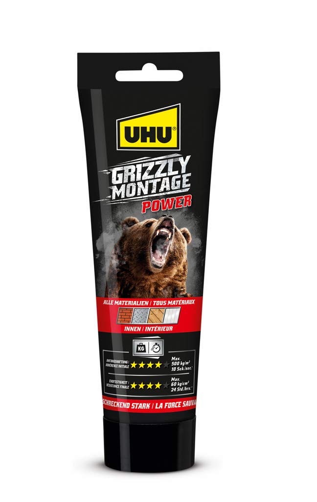 UHU Grizzly Power - Colle De Fixation Et Montage Ultra Forte - Tous Matériaux & Surfaces Intérieures - Prise Initiale Très Élevée - Sans Solvants - Blanche - Tube 250 g