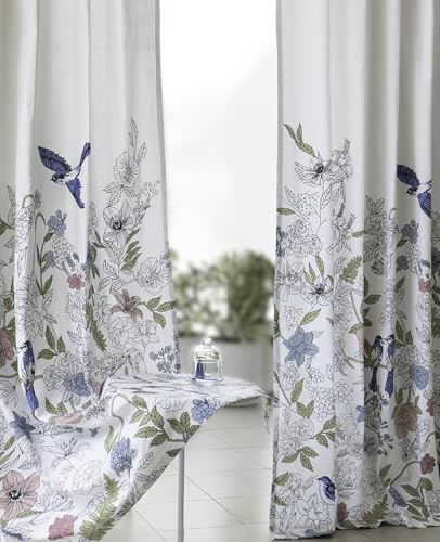 Image of Tranquebar Curtain Co. Window Curtains 5 Feet, 60-65% Room Darkening, Blue Floral & Bird Print, Cotton Curtains for Window, Cotton Curtains 5 Feet Long Set of 2, BackTab Loops, Dia (152 cm) - Set of 2
